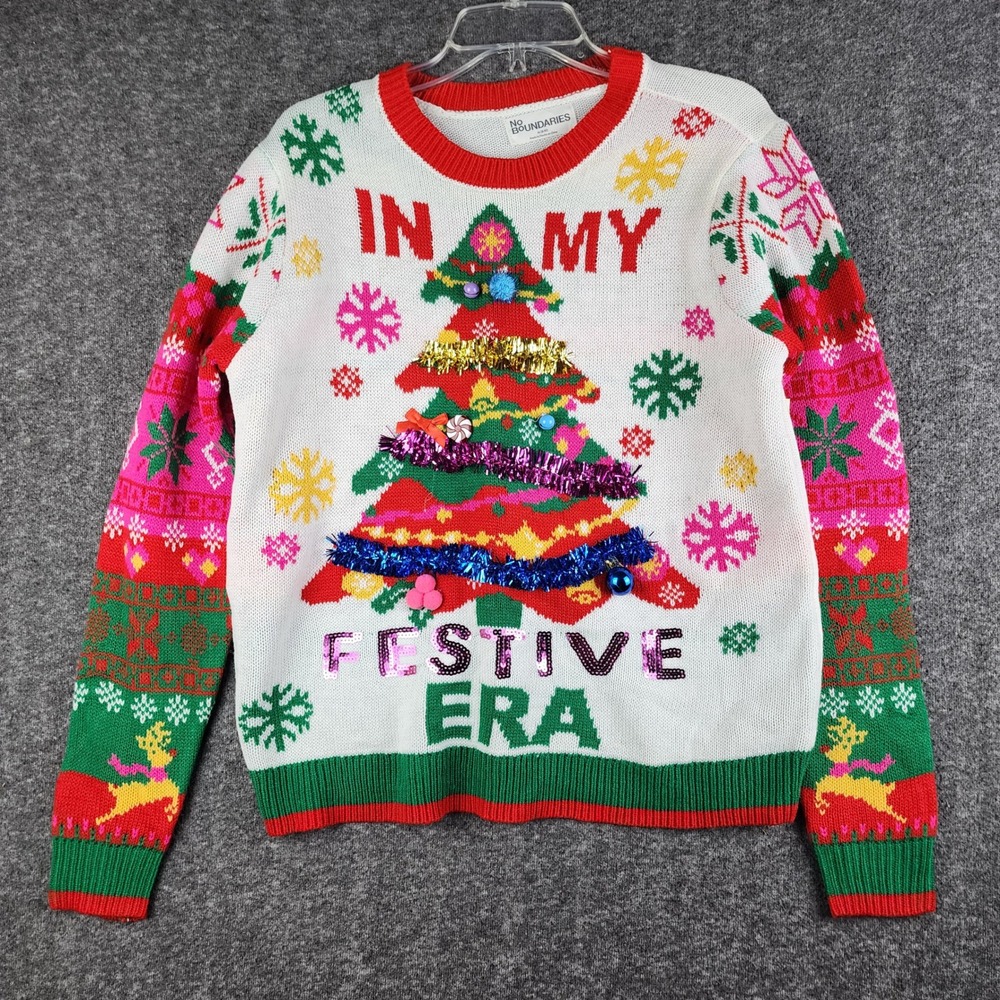 No Boundaries Christmas Sweater Womens M White In My Festive‎ Era Sequin Tinsel
